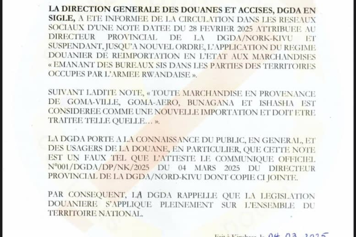 Communiqué : La DGDA dément une fausse note circulant sur les réseaux sociaux